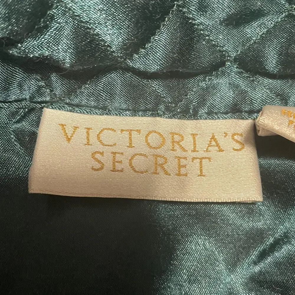 Victorias Secret Pajama Top Womens S Green Floral Satin Kimono Quilted Button - Picture 4 of 8